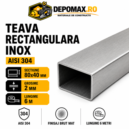Teava rectangulara inox AISI 304, 80 x 40 x 2 mm, 6 metri